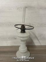 *MILK GLASS OIL LAMP, 50CM HIGH WITH CHIMNEY