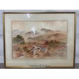 HENRY WOODS (1842 - 1921) WATERCOLOUR LANDSCAPE OF A STREAM WITH HILLS, SIGNED, 55 X 38CM