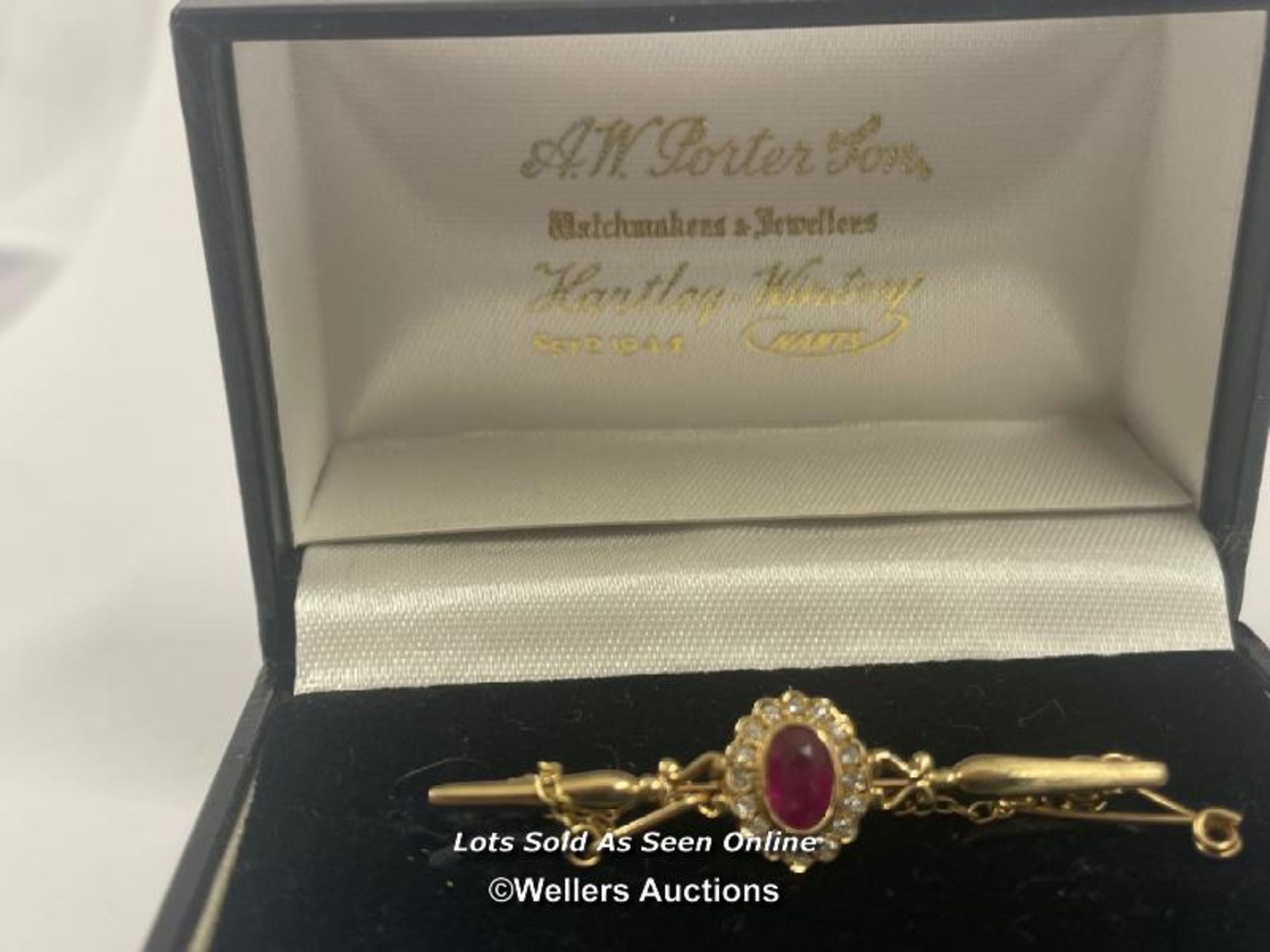 RUBY AND DIAMOND BAR BROOCH WITH SAFETY CHAIN, RUBY ESTIMATED WEIGHT 0.54CT, DIAMONDS ESTIMATED - Image 5 of 5