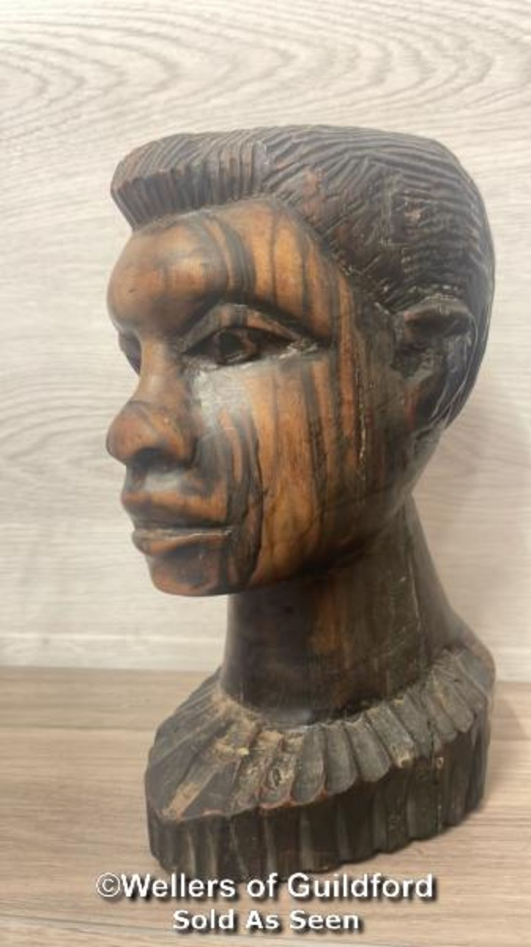 TWO CARVED AFRICAN HARDWOOD BUSTS, LARGEST 25.5CM HIGH AND A PAIR OF EBONY CARVED BOOKENDS WITH - Image 7 of 12