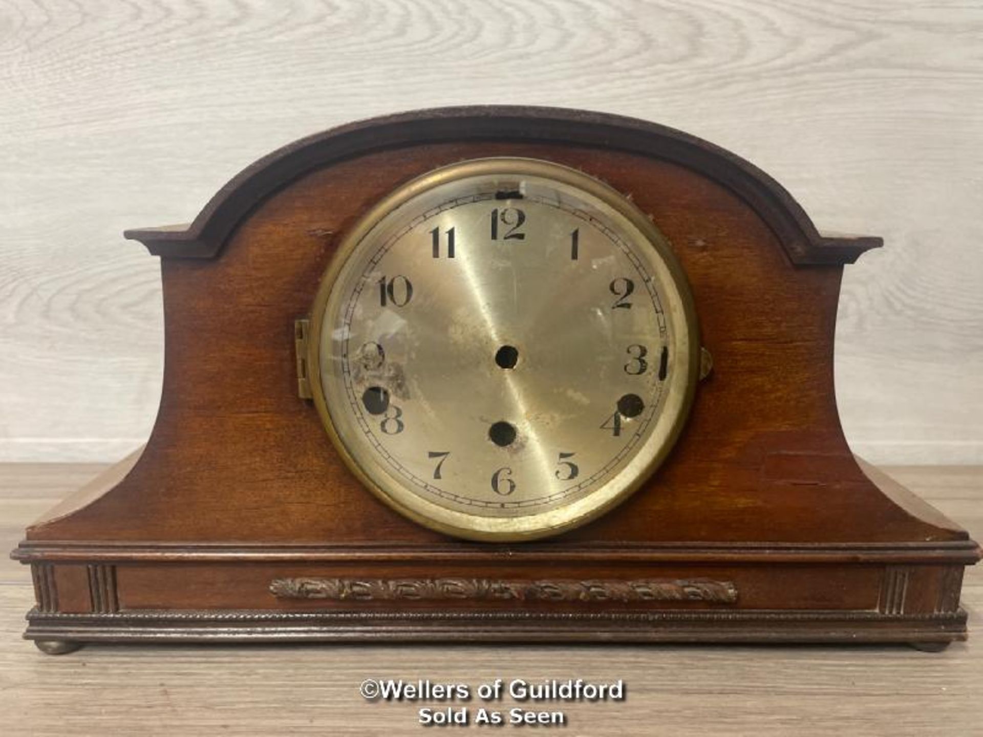 *ANTIQUE LARGE MAHOGANY DIMRA WESTMINSTER CHIME MANTLE CLOCK & PENDULUM, IN NEED OF RESTORATION,