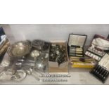 LARGE COLLECTION OF METAL WARE AND PLATED ITEMS INCLUDING CUTTLERY, BOWL, TEA POT AND BABY RATTLE