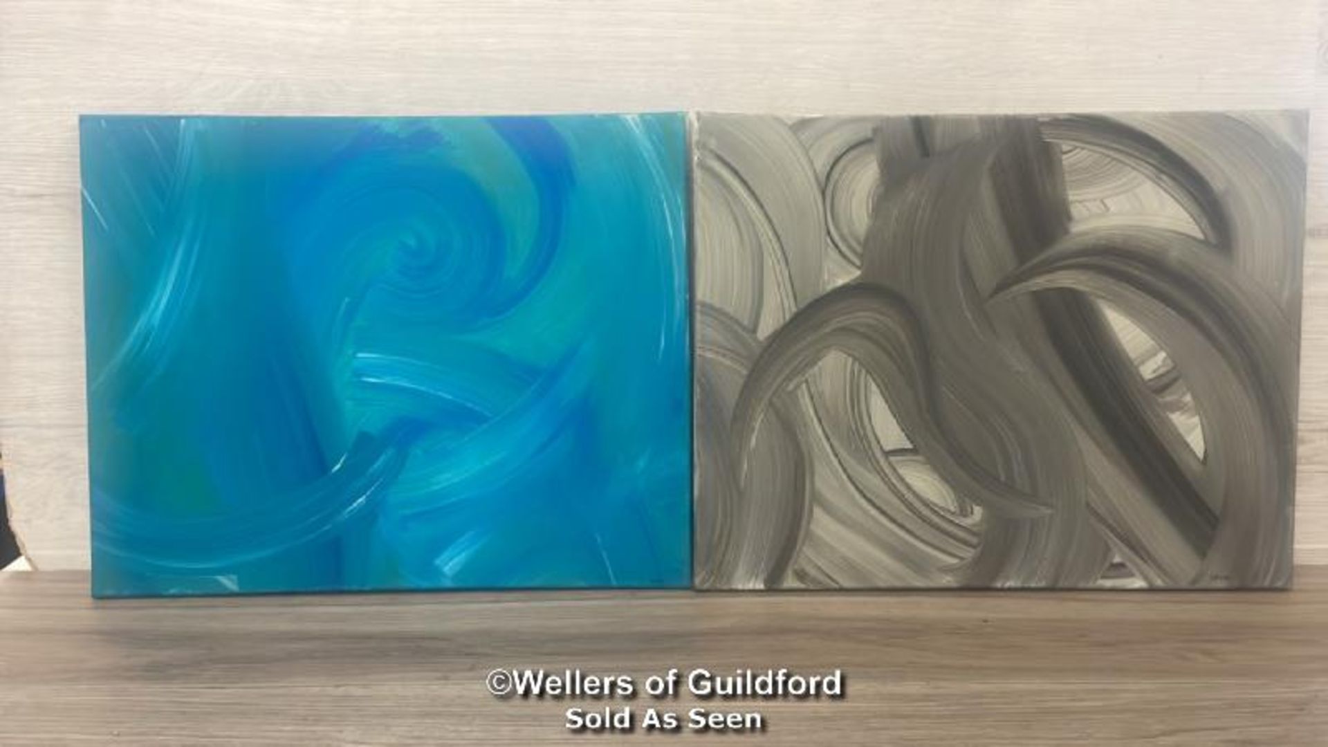 TWO ABSTRACT PAINTINGS, ACRYLIC ON CANVAS SIGNED "HAUUS", 50 X 39.5CM