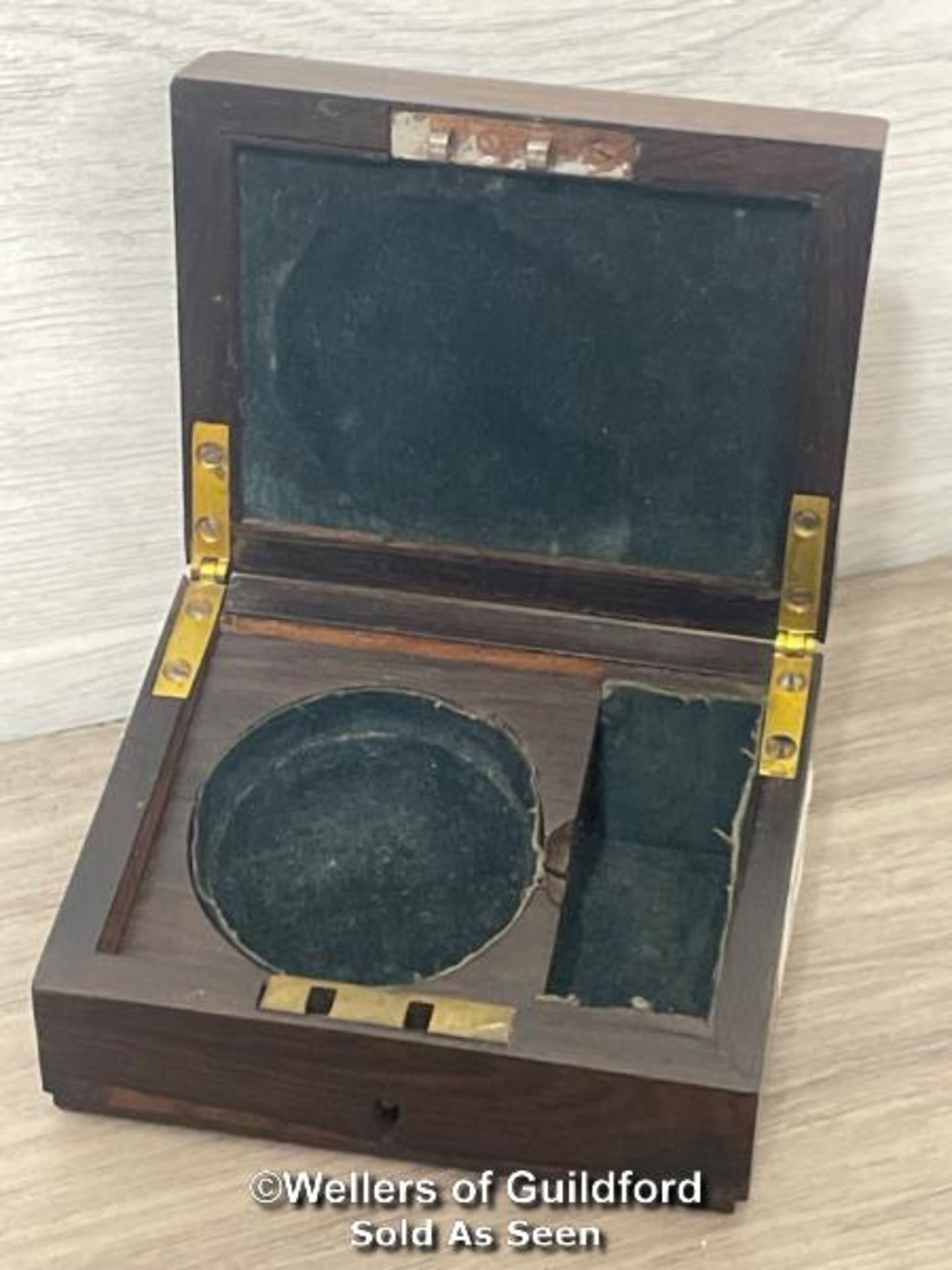 *ANTIQUE (GEORGIAN?) ROSEWOOD POCKET WATCH STAND HOLDER OR BOX FOR RESTORATION, 10.5 X 5.5 X 8.5CM