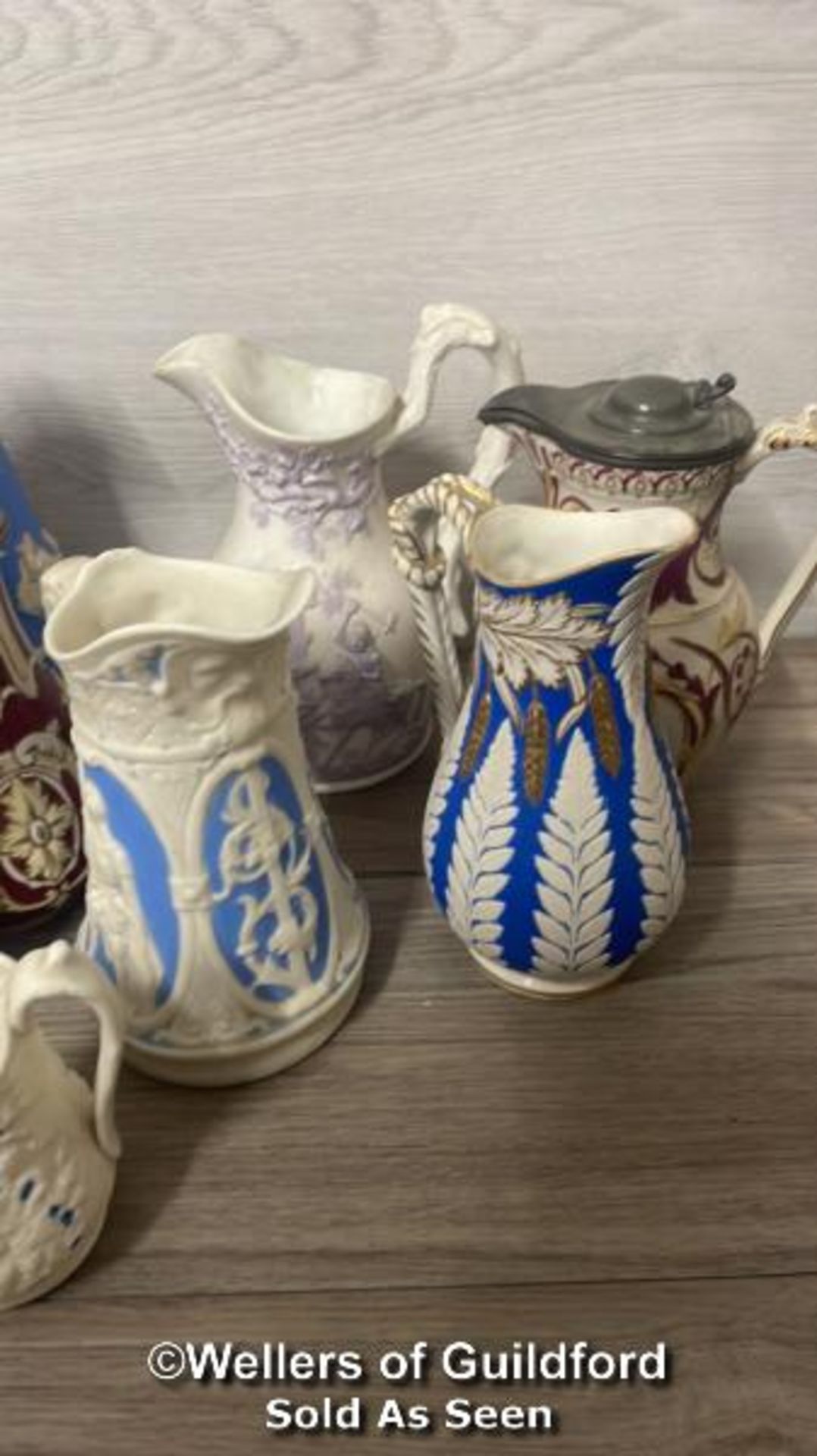 *A COLLECTION OF VICTORIAN JUGS, SOME RELIEF MOULDED, SOME WITH LIDS, SOME GRADUATED PAIRS - Image 2 of 4