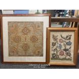 ANTIQUE EMBROIDERY FLORAL PATTERN PICTURES IN MODERN FRAMES, 66 X 66CM AND 42 X 57CM