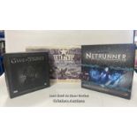 Fantasy Flight gamnes, three to include Dust Tactics, Netrunner (unused) and Game of Thrones