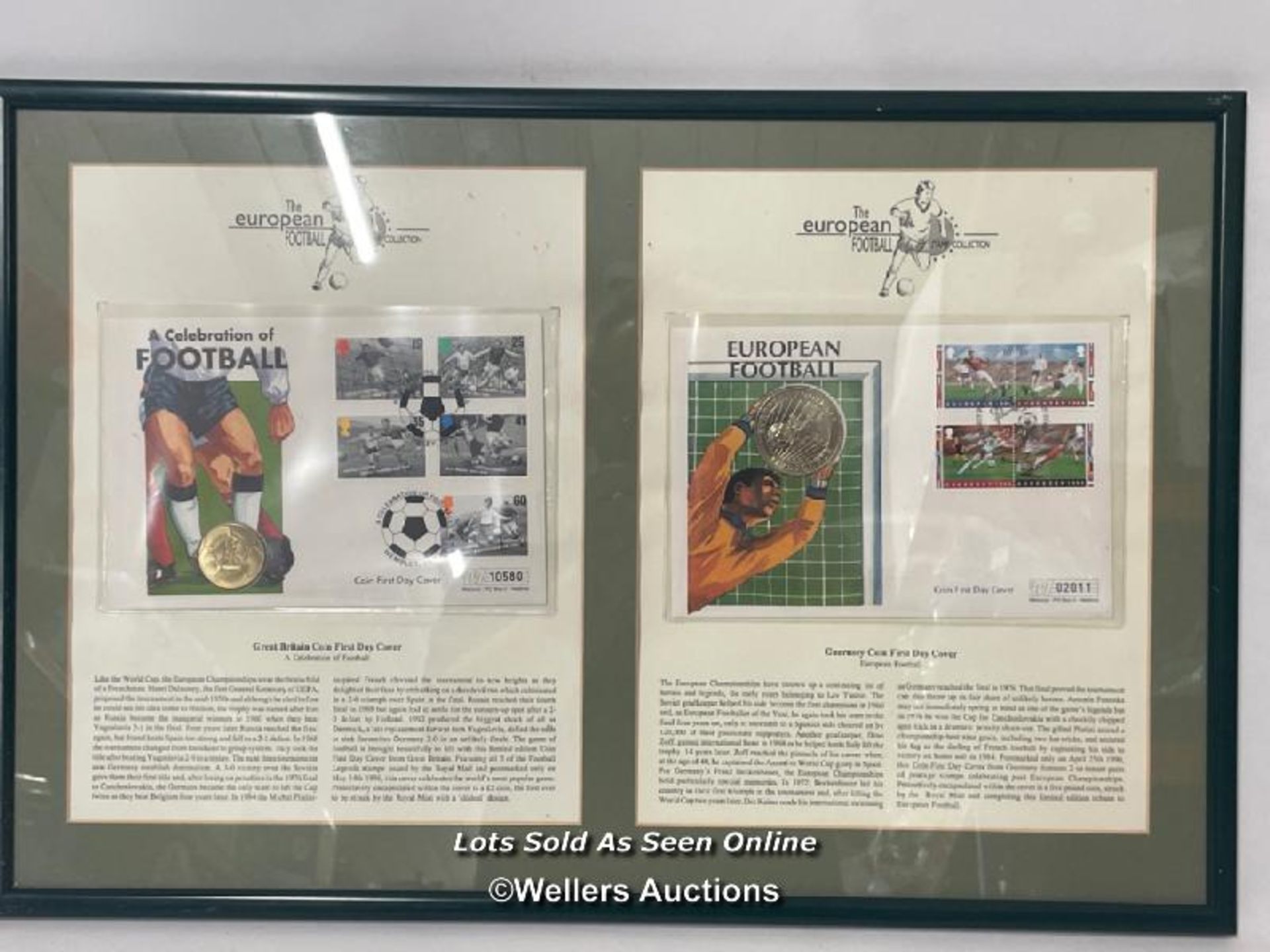 Framed European Football stamp collection 1st day covers with coins