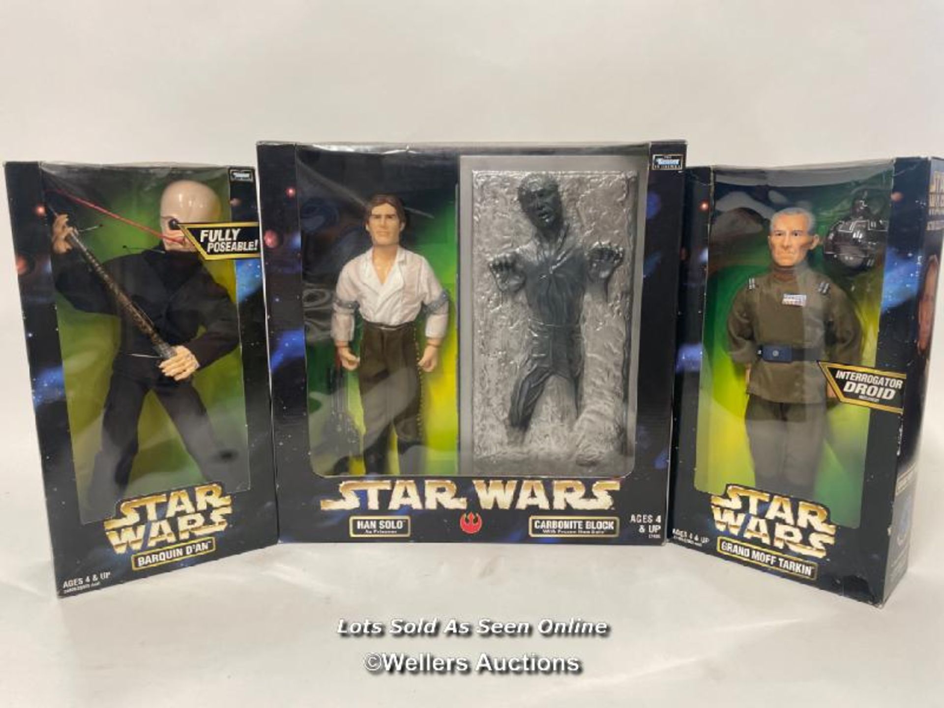 Three Star Wars Action Collection 12" figures, Han Solo with Carbonite, Grand Moff Tarkin and