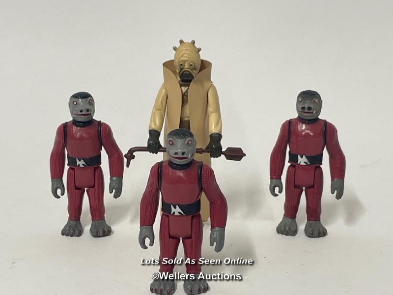 Four vintage Star Wars 3 3/4" figures to include Tusken Raider GMFGI 1977 with cape & weapon and