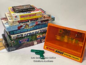 Vintage board games and shooting game including Guess Who, Space Attack, Dungeon and Magic Shot