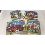 Four 1980's Lego sets; House 6374, Stables 6379, Fire House, 6385 and Hostpital 6380, all in