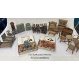 A large collection of dolls house furniture and accessories with two boxes of old small dolls some