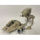 Three vintage Star Wars Vehicles to include Snowspeeder, Scout Walker and MTV-7 mini rig.