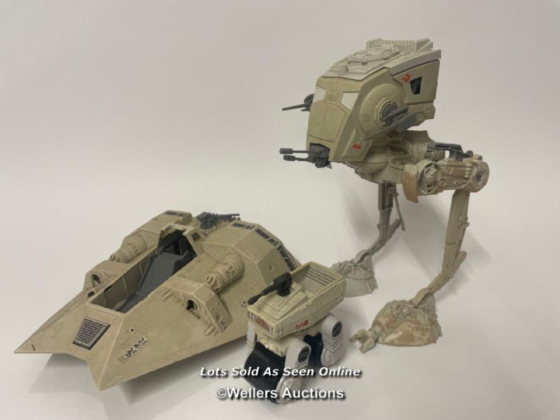 Three vintage Star Wars Vehicles to include Snowspeeder, Scout Walker and MTV-7 mini rig.