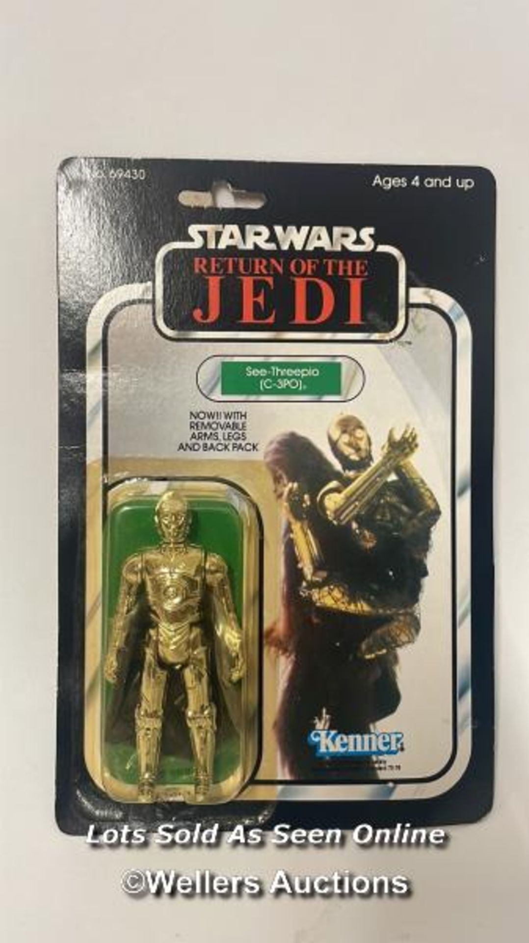 Star Wars vintage C-3PO (removable limbs) 3 3/4" figure, Kenner 1983, MOC, yellowed and damaged