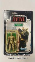Star Wars vintage C-3PO (removable limbs) 3 3/4" figure, Kenner 1983, MOC, yellowed and damaged