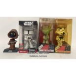 Four Funko bobble heads including Boba Fett 2017 Galactic Convention exclusive, Yoda, Stormtrooper