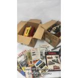 Two boxes containing assorted rails, control panel, railway spares , empty boxes, books, manuals and