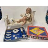 Vintage doll 37cm high with wooden bed, tea set and painted light bulb