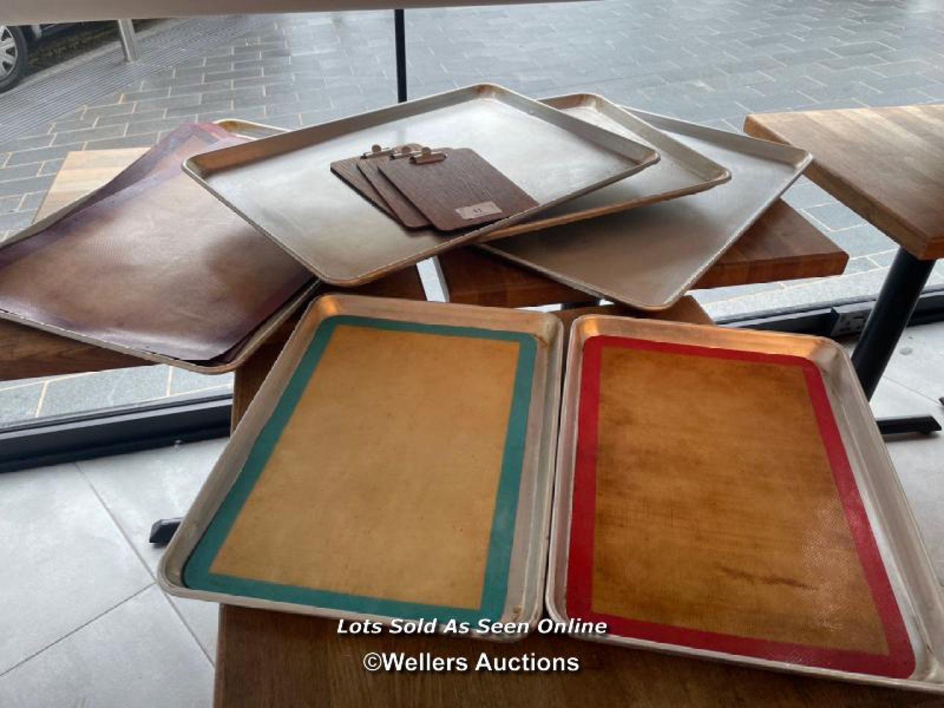 X6 TRAYS AND X3 CLIP BOARDS - INC. X4 LARGE TRAYS -66CM L X 45CM W / THE LOTS IN THIS AUCTION ARE