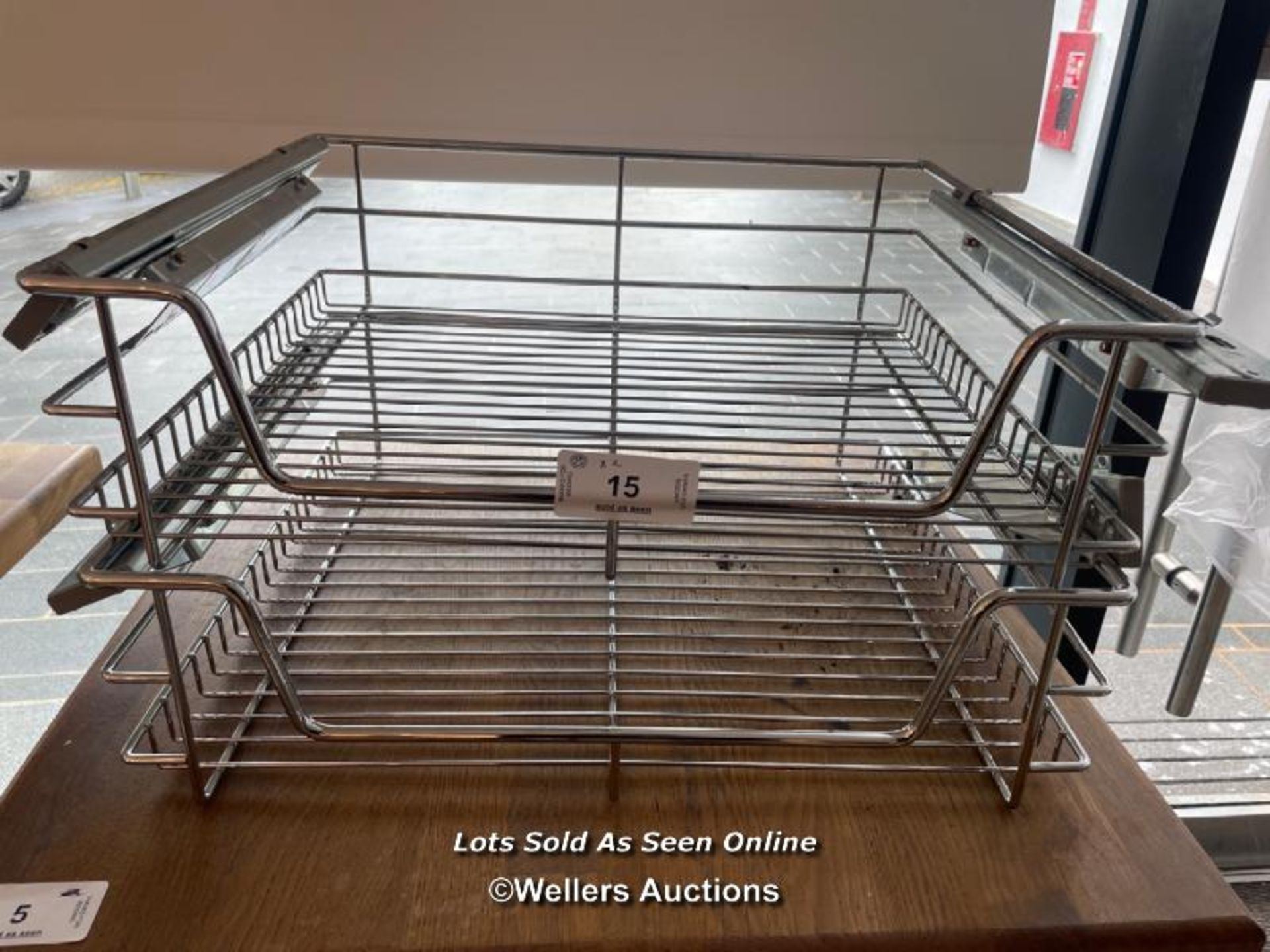 X2 STAINLESS STEEL SLIDING RACKS - EACH 14CM H 49.5CM W X 42.5CM D / THE LOTS IN THIS AUCTION ARE