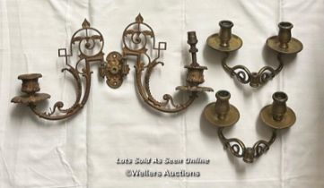 VINTAGE SOLID BRASS WALL SCONCE LIGHT HOLDERS, PAIR AND ONE OTHER / COLLECTION LOCATION: