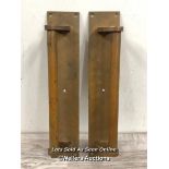 *MATCHING PAIR OF BRASS PULL HANDLES, MOUNTED AGAINST RECTANGLULAR BACK PLATE, 38CM (H) X 7.5CM (