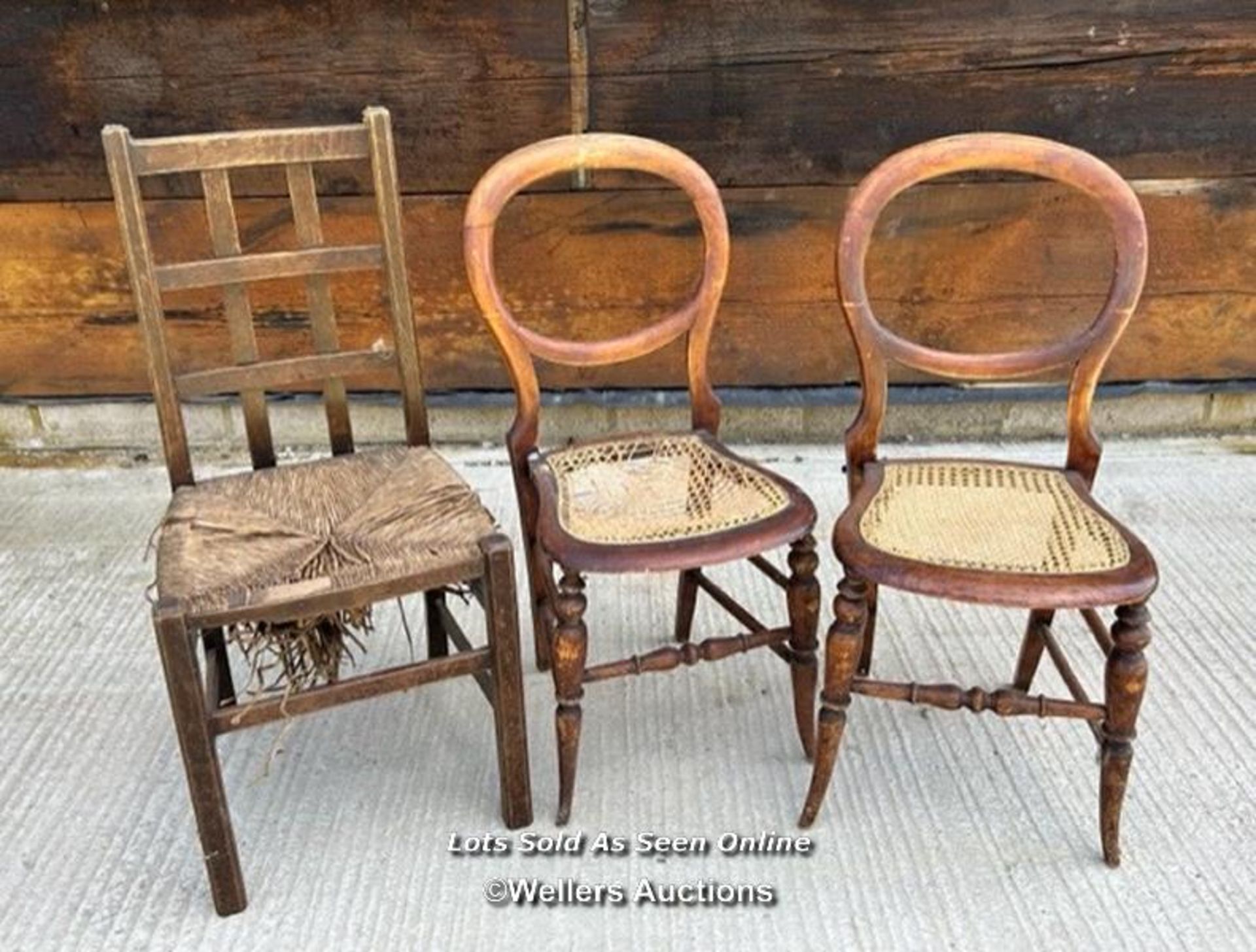 OAK ARTS AND CRAFTS RUSH SEAT, C.1910 PAIR OF VICTORIAN BALLON BACK CHAIRS, REPAIRS NEEDED, 90CM (H)