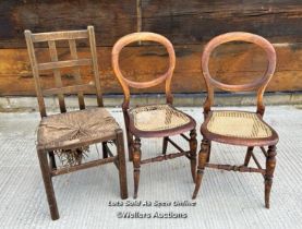 OAK ARTS AND CRAFTS RUSH SEAT, C.1910 PAIR OF VICTORIAN BALLON BACK CHAIRS, REPAIRS NEEDED, 90CM (H)