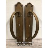 *MATCHING PAIR OF BRASS PULL HANDLES WITH KEY HOLE INSERTS, MOUNTED AGAINST BACK PLATE WITH RAISED