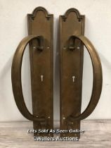 *MATCHING PAIR OF BRASS PULL HANDLES WITH KEY HOLE INSERTS, MOUNTED AGAINST BACK PLATE WITH RAISED