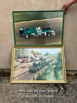 GREAT WESTERN RAILWAY STEAM TRAIN AND FORMULA 1 CAR PRINT, LARGEST 57CM (H) X 84CM (W) /