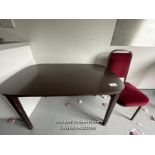 WOODEN TABLE AND CHAIR, TABLE 66.5CM (H) X 104.5CM (W) X 60.5CM (D) / COLLECTION LOCATION: OLD