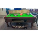 SUPREME POOL STANDARD SIZED POOL TABLE, RECENTLY REFELTED, INCLUDES BALLS, LIGHT, WALL MOUNTED CUE