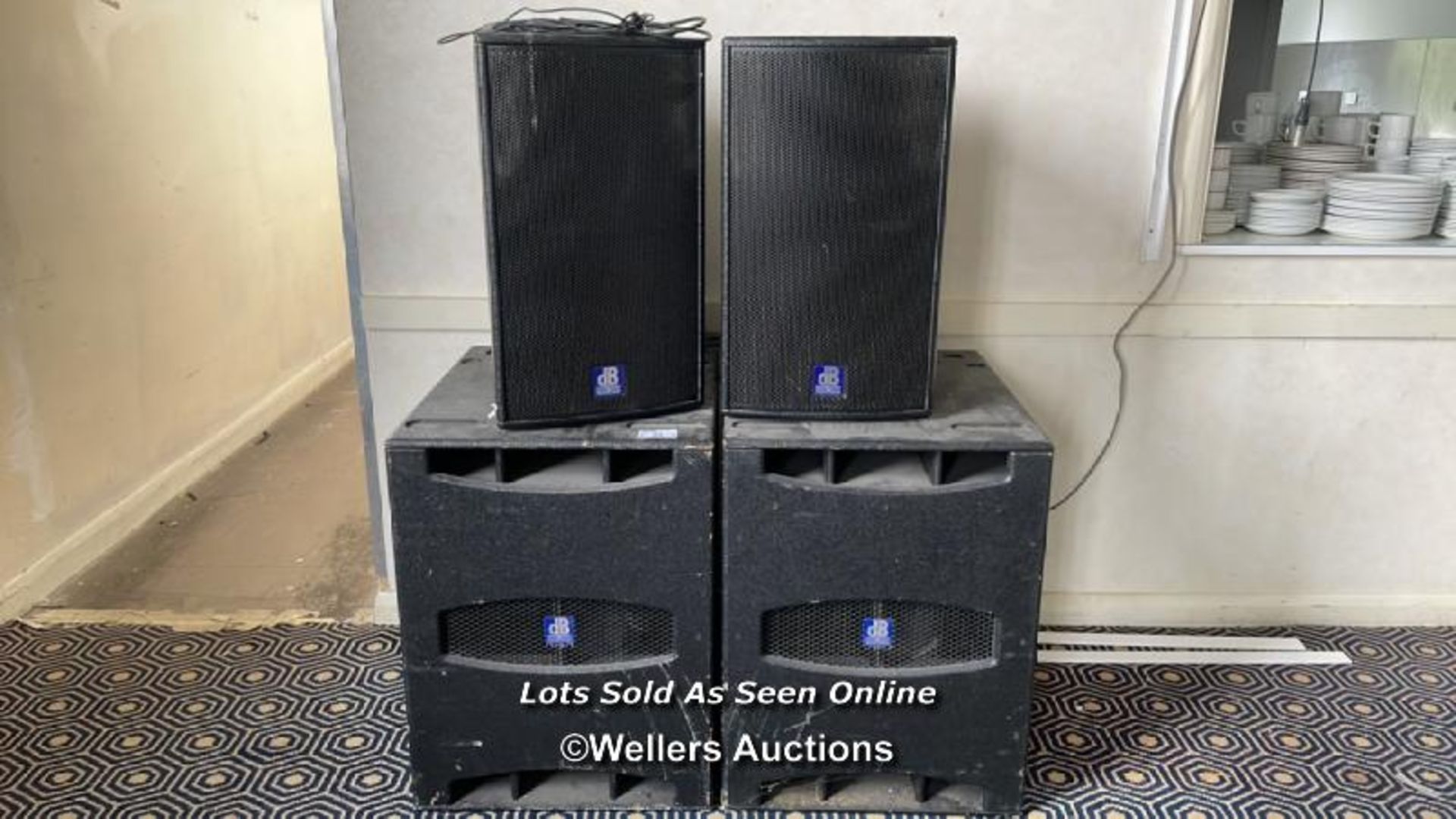 2X DB TECHNOLOGIES FLEXSYS F12 DIGITAL ACTIVE SPEAKERS AND 2X LARGE DB SUB18D CABINET SPEAKERS