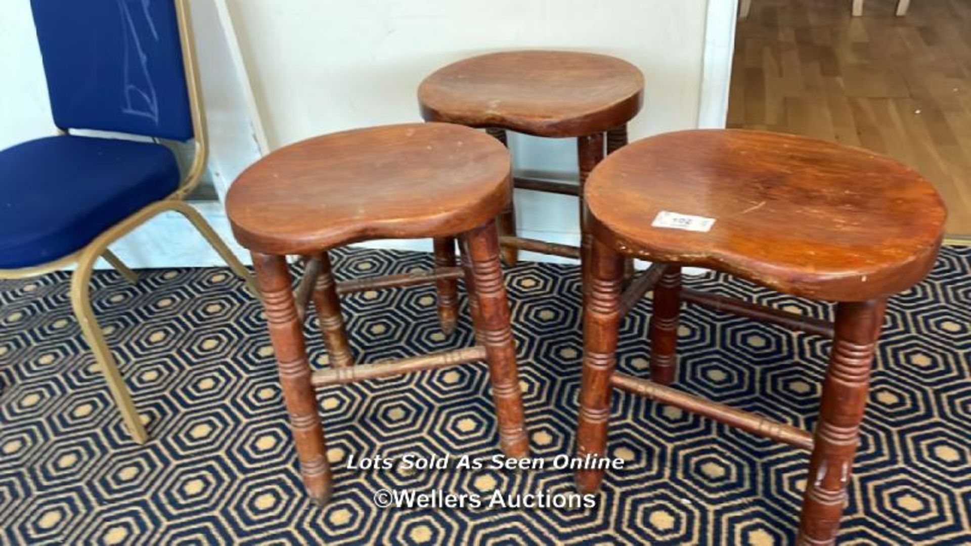 3X WOODEN STOOLS, 53CM (H) / COLLECTION LOCATION: OLD WOKING DISTRICT RECREATION CLUB, 33