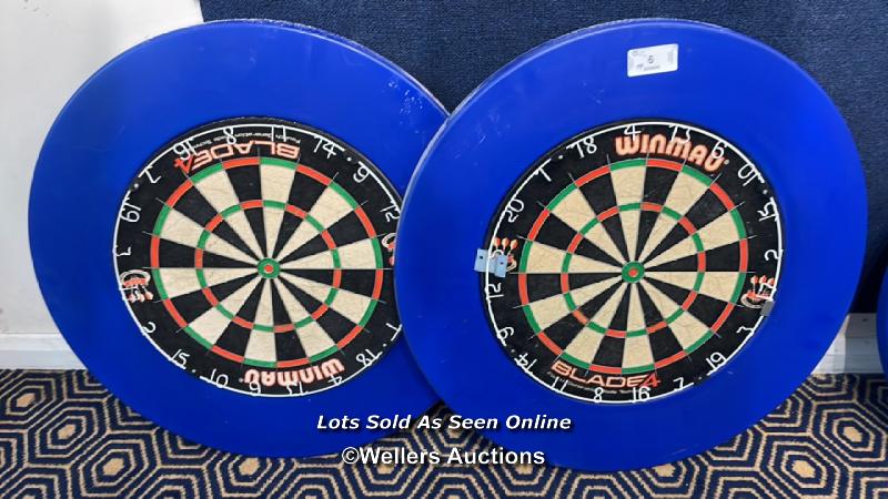 2X WINMAU BLADE 4 DART BOARDS WITH SURROUNDS / COLLECTION LOCATION: OLD WOKING DISTRICT