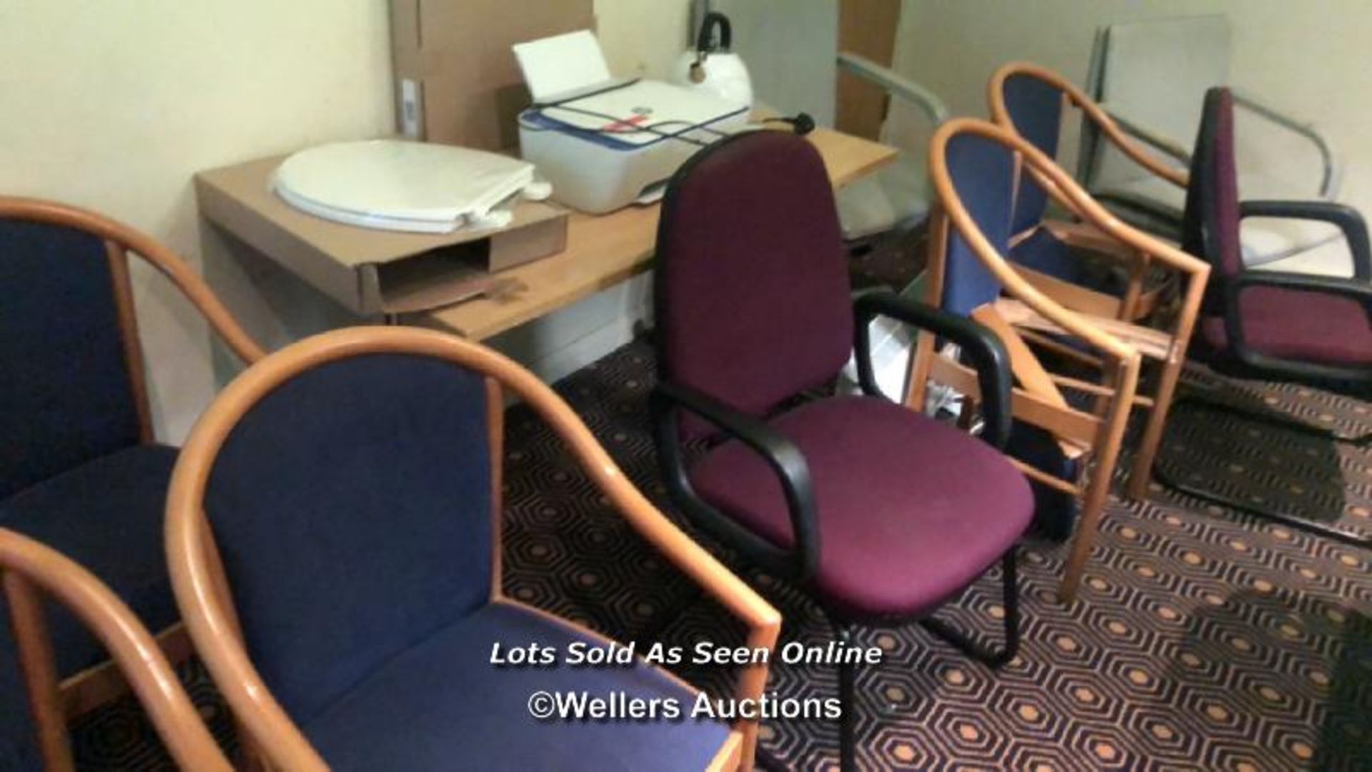 ASSORTED JOB LOT OF AS FOUND CHAIRS, KETTLE, TOILET SEAT, HP DESKJET 2630 PRINTER AND DESK, BUYER - Image 2 of 4