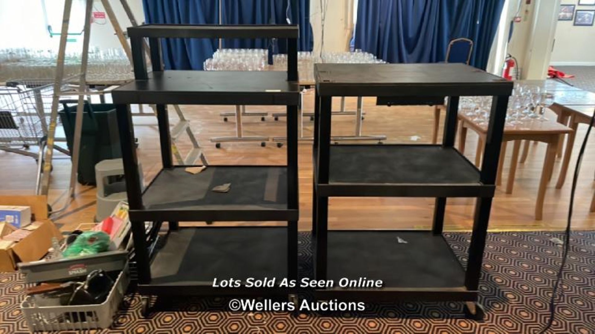 2X THREE TIER CATERING TROLLEY'S, LARGEST 141CM (H) X 81CM (W) X 61CM (D) / COLLECTION LOCATION: OLD