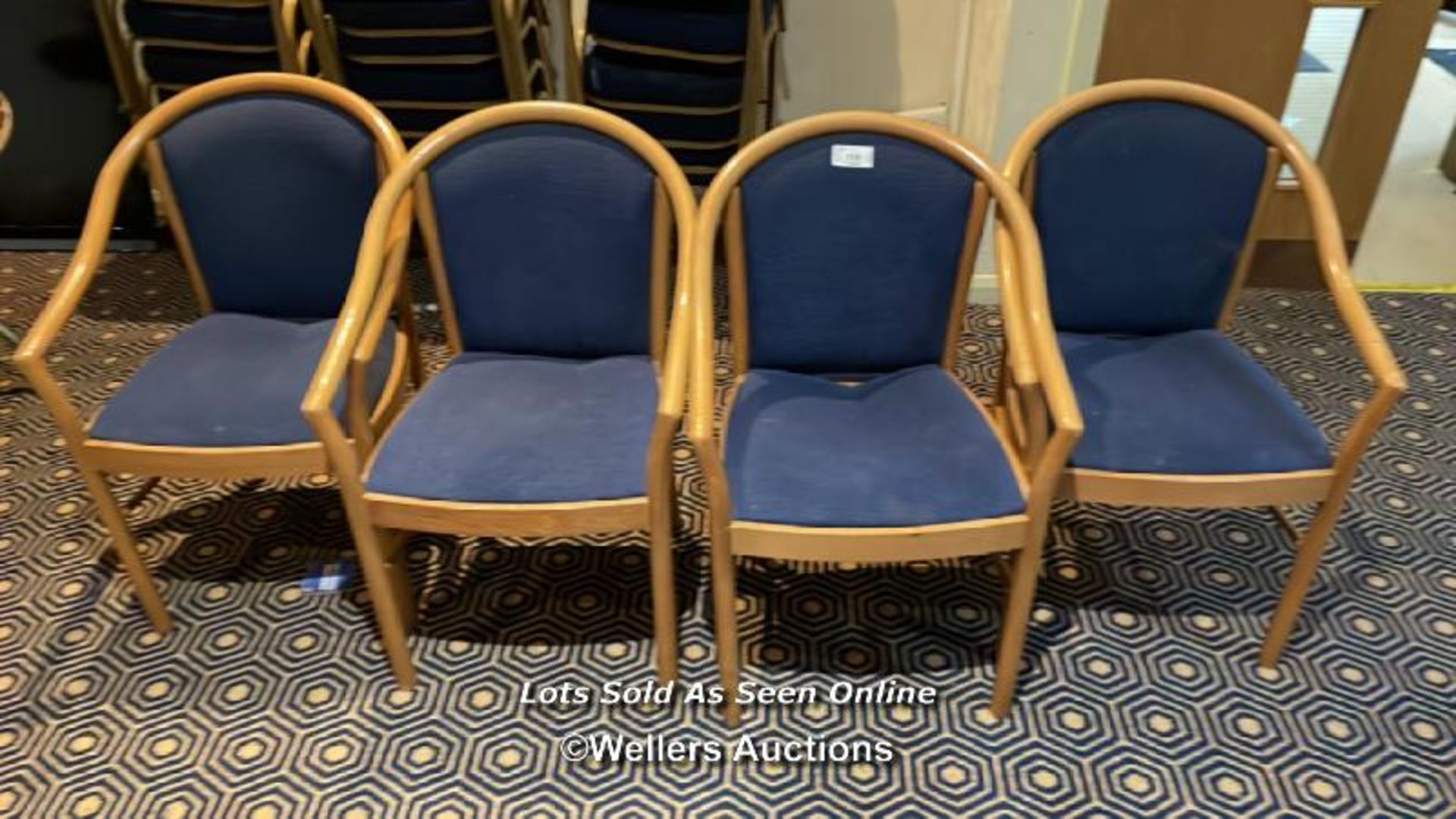 4X ARM CHAIRS WITH CUSHIONED SEAT AND BACKS, / COLLECTION LOCATION: OLD WOKING DISTRICT RECREATION