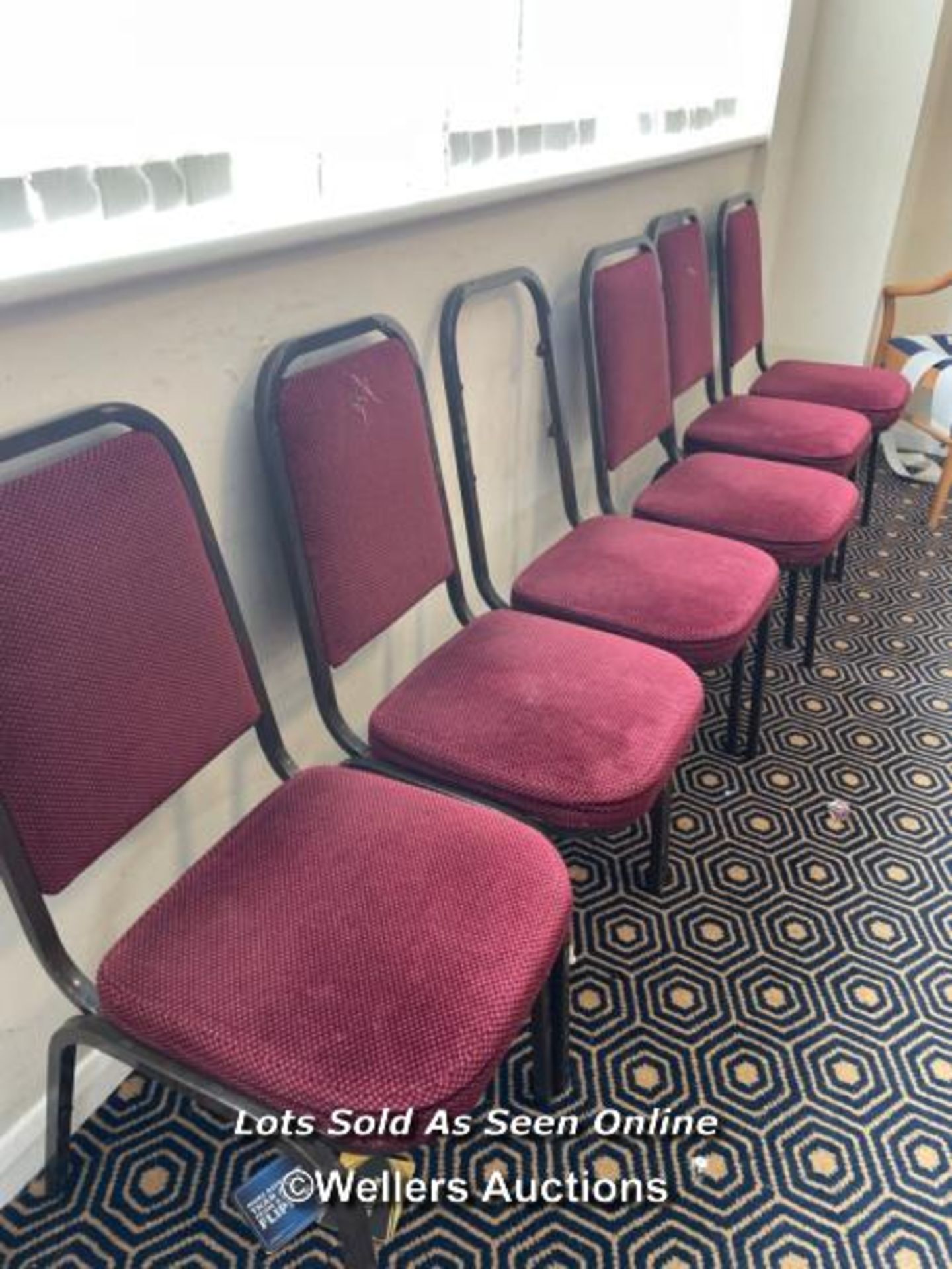 6X STACKABLE CHAIRS WITH CUSHIONED SEATS AND BACK, SOME DAMAGED, 87CM (H) X 39CM (W) / COLLECTION