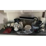 LARGE QUANTITY OF KITCHEN EQUIPMENT INCL. SALT AND PEPPER SHAKERS, SCALES, KETTLES, BOWLS, GLASSES