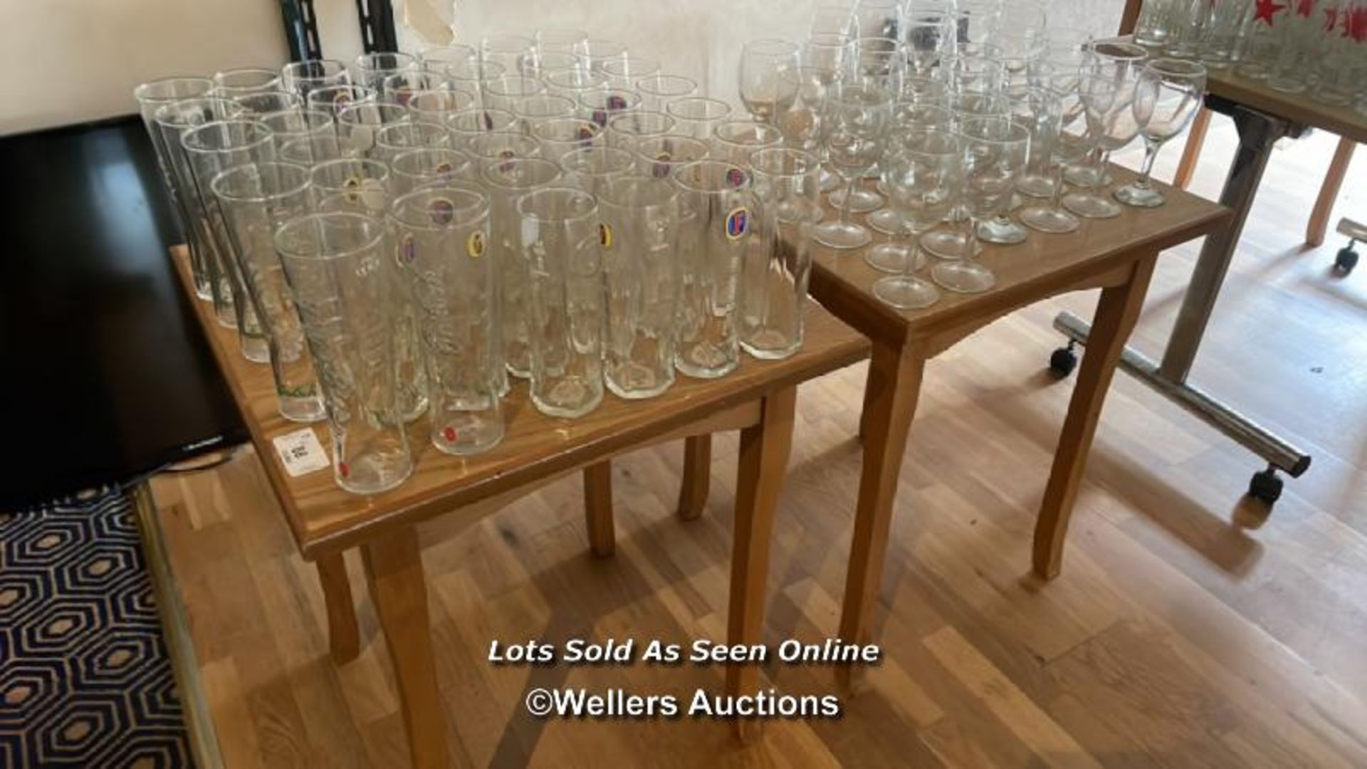 2X WOODEN TABLES, 71CM (H) X 60.5CM (W) X 60CM (D), GLASSES NOT INCLUDED / COLLECTION LOCATION: