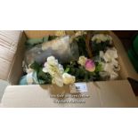 BOX OF ARTIFICIAL FLOWERS, VASES AND CUPS / COLLECTION LOCATION: OLD WOKING DISTRICT RECREATION