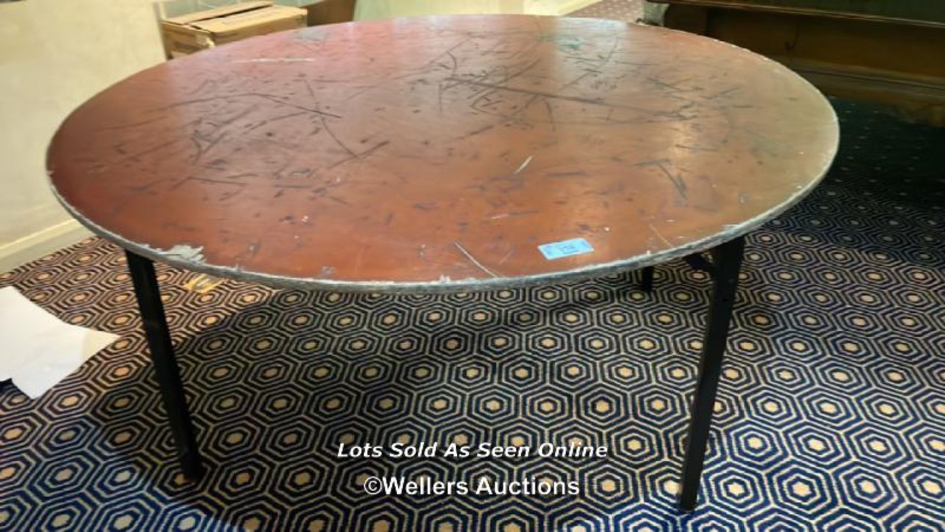 2X LARGE CIRCULAR FOLD OUT TABLES WITH LEGS, 152CM (DIA) X 75CM (H) / COLLECTION LOCATION: OLD