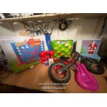 ASSORTED TOYS AND OUTDOOR GAMES INCL. BIKE, GIANT 4 IN A ROW AND SANTA SUIT / COLLECTION LOCATION: