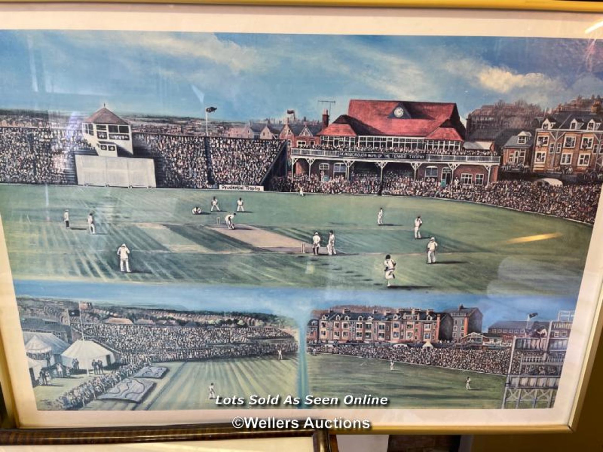 THREE FRAMED AND GLAZED PRINTS OF VARIOUS CRICKET SCENES - Image 4 of 4