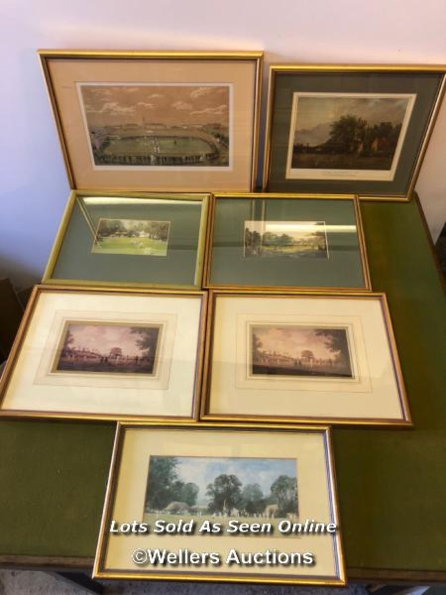 SEVEN FRAMED AND GLAZED PRINTS OF CRICKET SCENES. THE LARGEST 40CM X 29CM