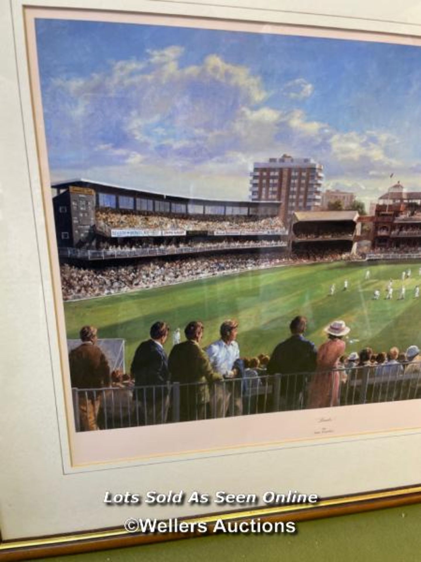 FRAMED AND GLAZED PRINT OF LORDS BY ALAN FEARNLEY, SIGNED BY DENIS COMPTON, 67CM X 55CM - Image 3 of 3